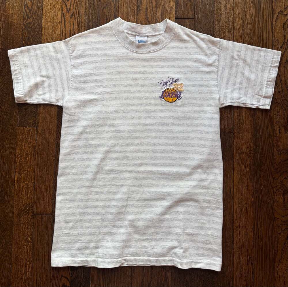 VTG ‘90s Magic Johnson LA Lakers Embroidered Striped Shirt SALEM SPORTSWEAR MED.